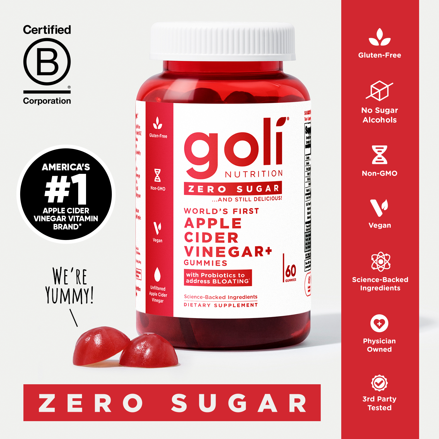 NEW Goli Nutrition Zero Sugar Goli Apple Cider Vinegar Gummies With Vitamin B12 & Probiotics USA