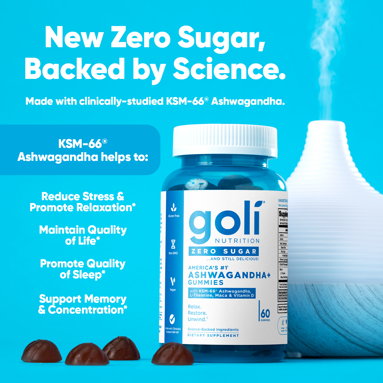 NEW Goli Nutrition Ashwagandha+ Zero Sugar Gummies with Vitamin D & KSM-66 Stress & Mood Support
